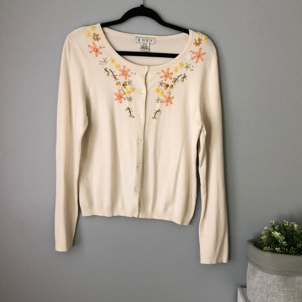 Ivory Silk Cardigan with Ribbon Embroidery